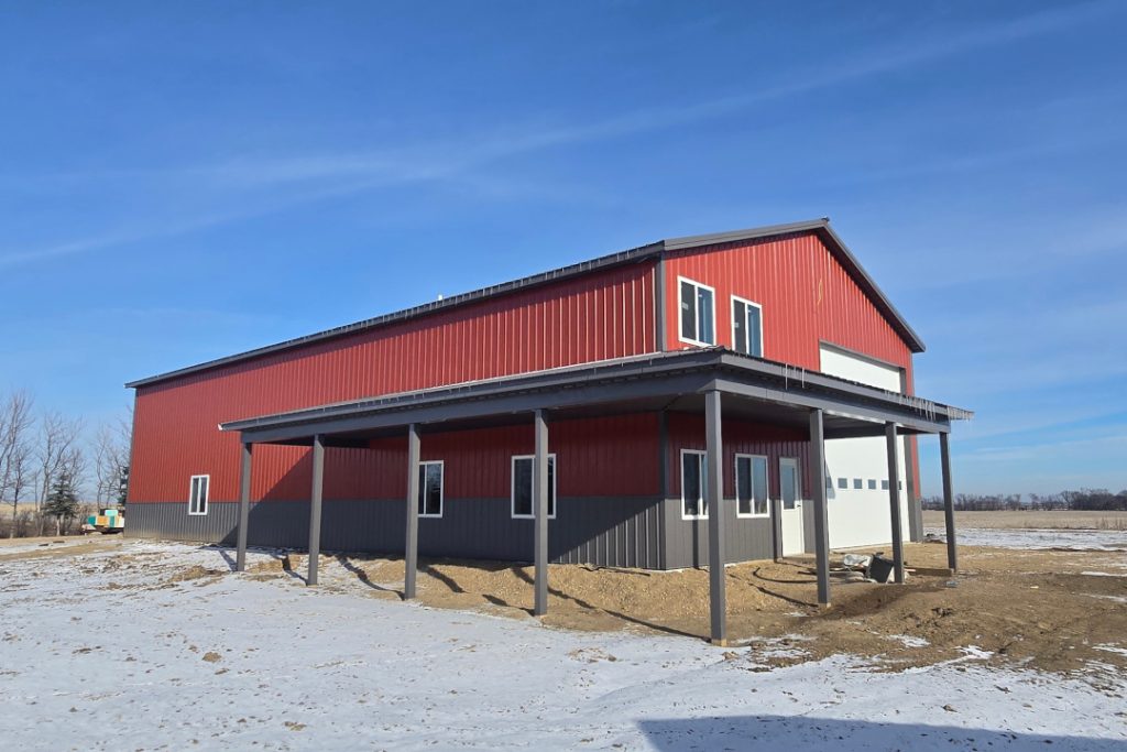 Oakmont barndominium project, red metal exterior